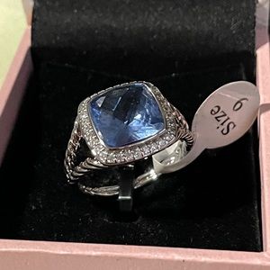 Blue Topaz Split Shank cushion cut Ring, Rhodium Plated, Australian Crystals!